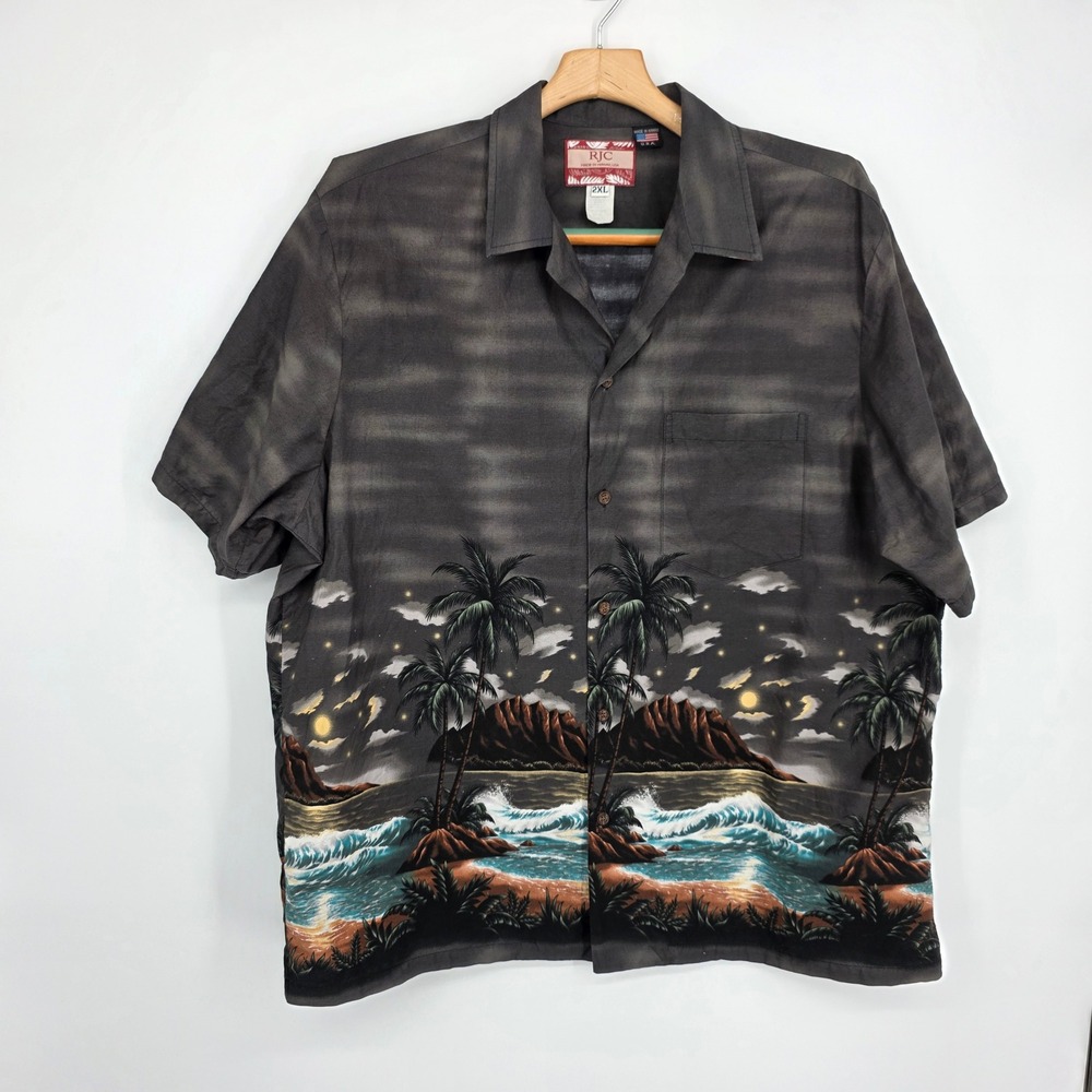 RJC Hawaiian Shirt Mens 2XL Brown Night Beach Palm Tree Tropical Made in USA